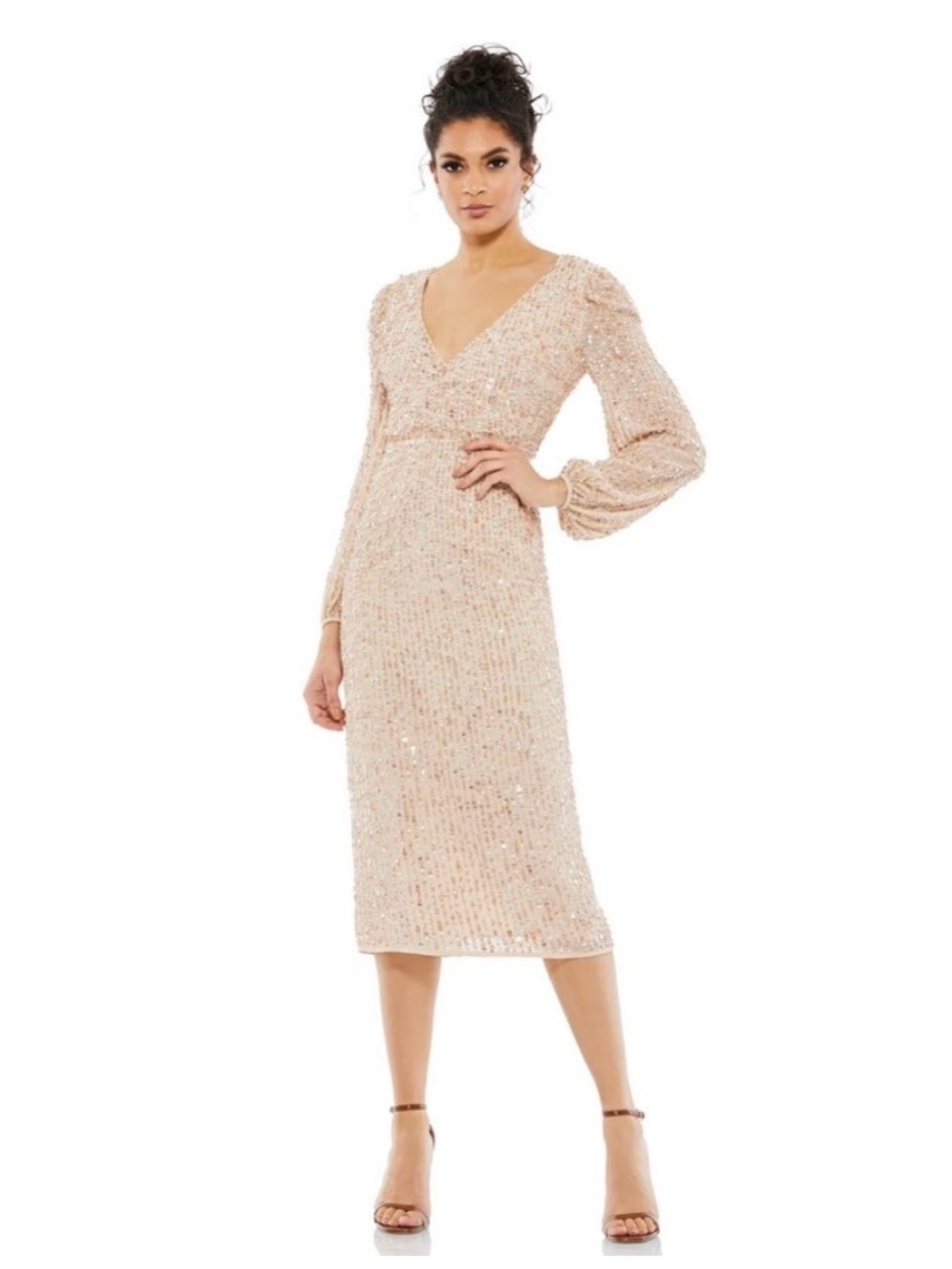 Mac Duggal Nude Sequin Long Sleeve Midi Cocktail Dress NWT Size 4